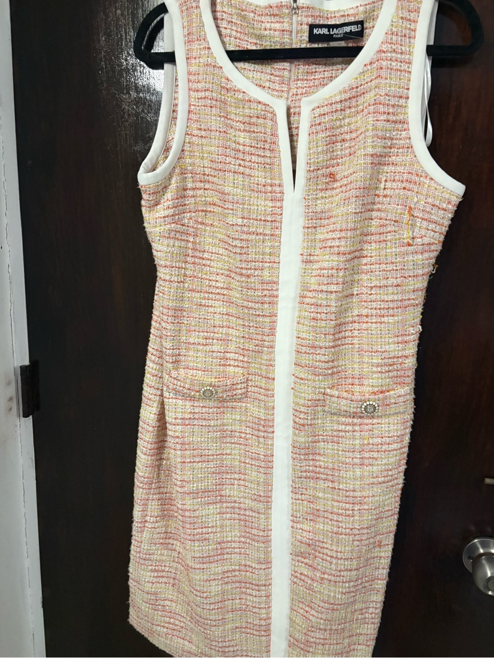 NWT Karl Lagerfeld Pink Cream Tweed Sheath Dress with White Trim. Size 12.